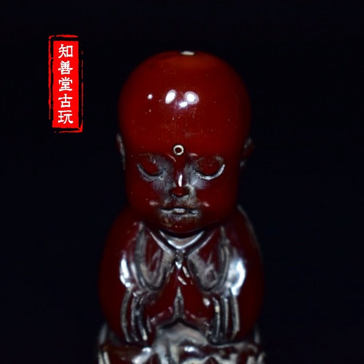 舊藏牛角掛墜手把件雕刻掛件天然實心小和尚寶寶角雕男士隨身-細節圖9
