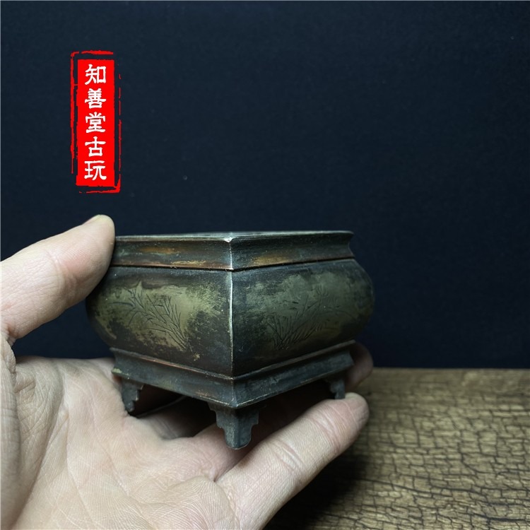 仿古純銅白銅手工老式雕刻四角花草四足香爐擺件古玩收藏-細節圖3