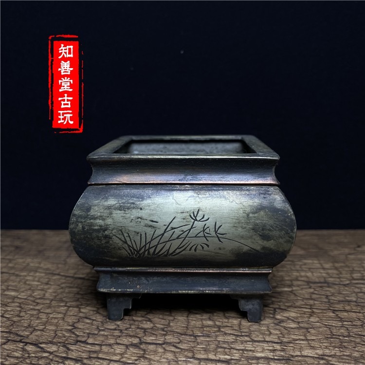 仿古純銅白銅手工老式雕刻四角花草四足香爐擺件古玩收藏-細節圖6