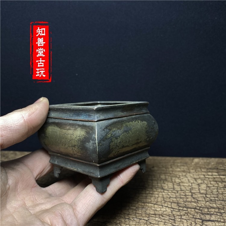 仿古純銅白銅手工老式雕刻四角花草四足香爐擺件古玩收藏-細節圖8