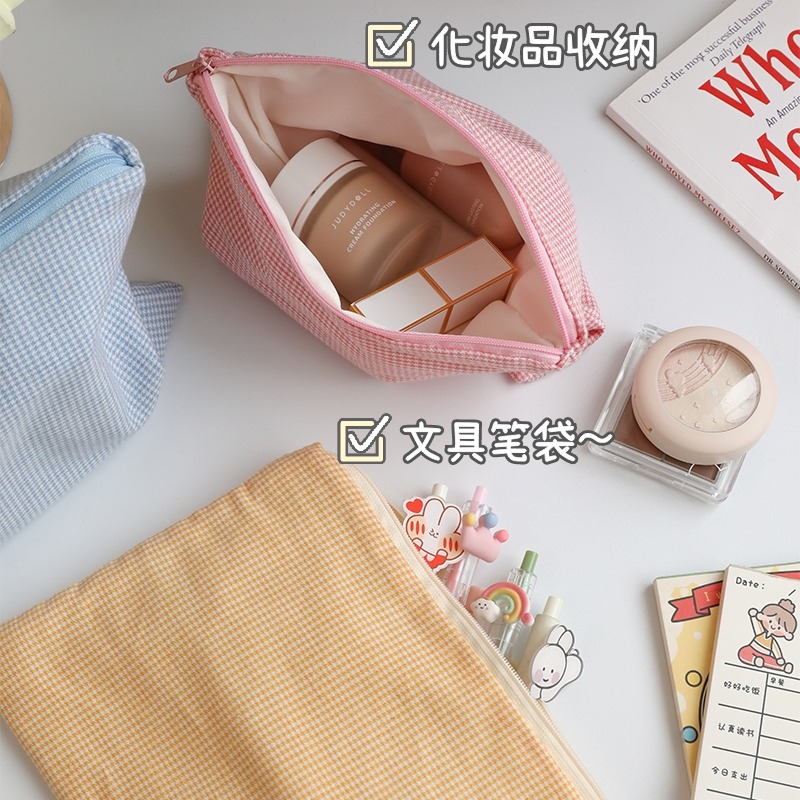 ins簡約撞色格子化妝包女旅行便攜大容量洗漱袋學生整理收納筆袋-細節圖2