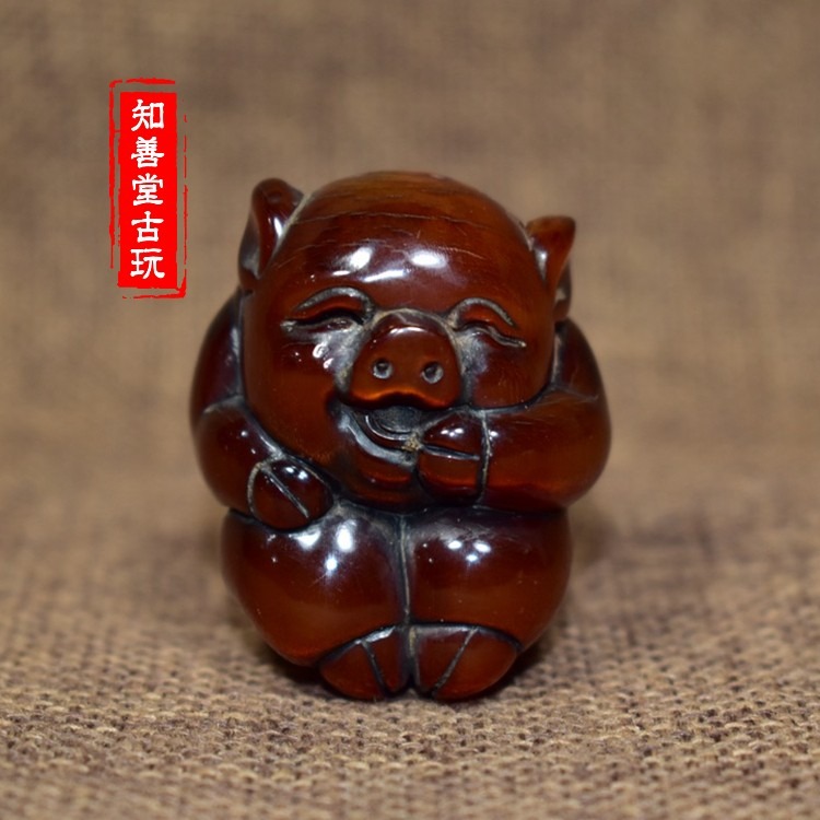 ?牛角雕刻可愛生肖豬小掛件牛角仿古雕手把件小擺件文玩角雕古玩-細節圖6