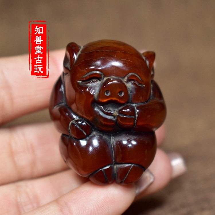 ?牛角雕刻可愛生肖豬小掛件牛角仿古雕手把件小擺件文玩角雕古玩-細節圖10