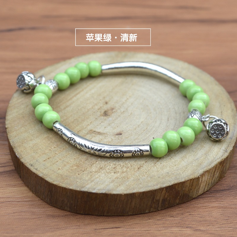 中國風 景德鎮陶瓷手鏈 小清新藏銀配飾民族風陶瓷手鏈女生飾品-細節圖3