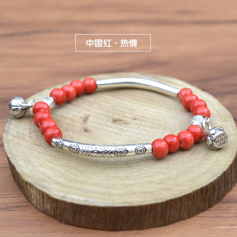 中國風 景德鎮陶瓷手鏈 小清新藏銀配飾民族風陶瓷手鏈女生飾品-細節圖4