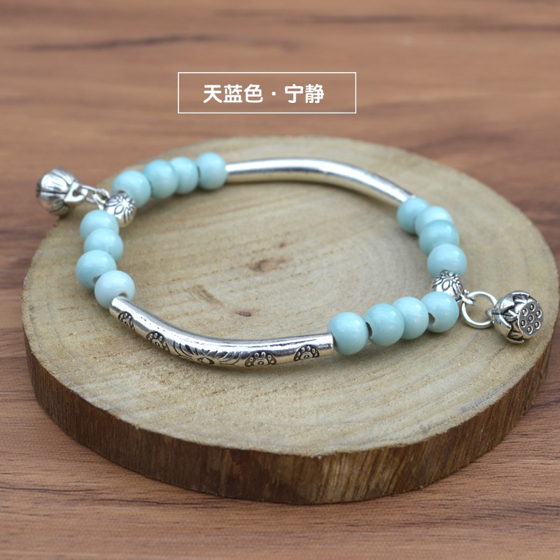 中國風 景德鎮陶瓷手鏈 小清新藏銀配飾民族風陶瓷手鏈女生飾品-細節圖5