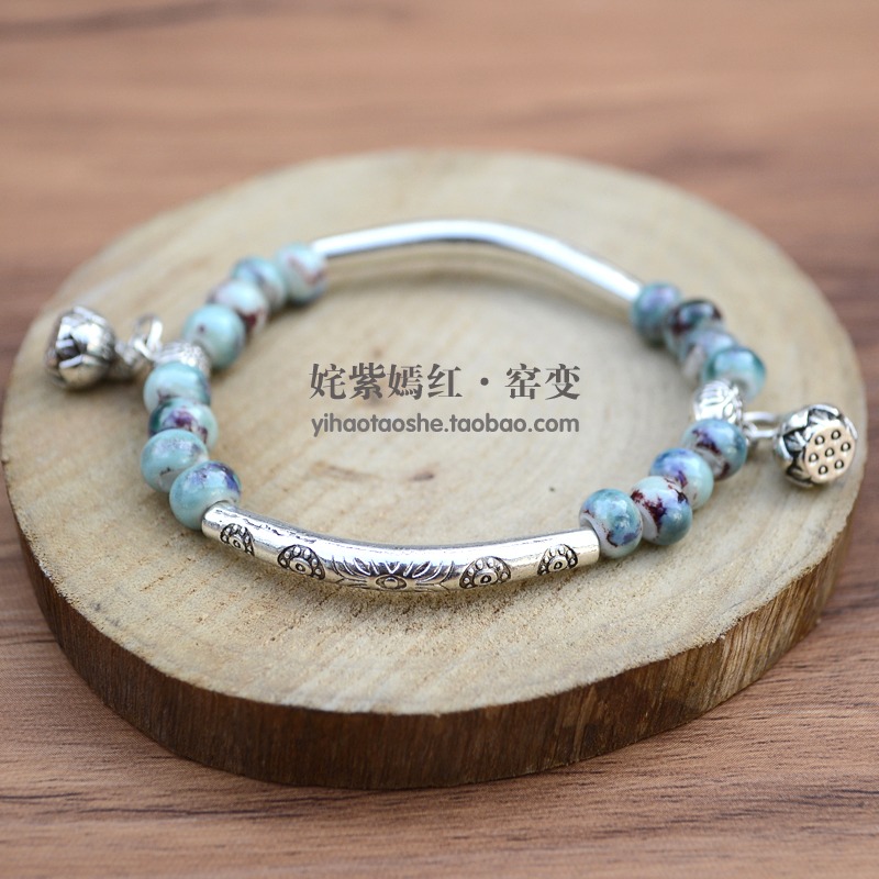 中國風 景德鎮陶瓷手鏈 小清新藏銀配飾民族風陶瓷手鏈女生飾品-細節圖8
