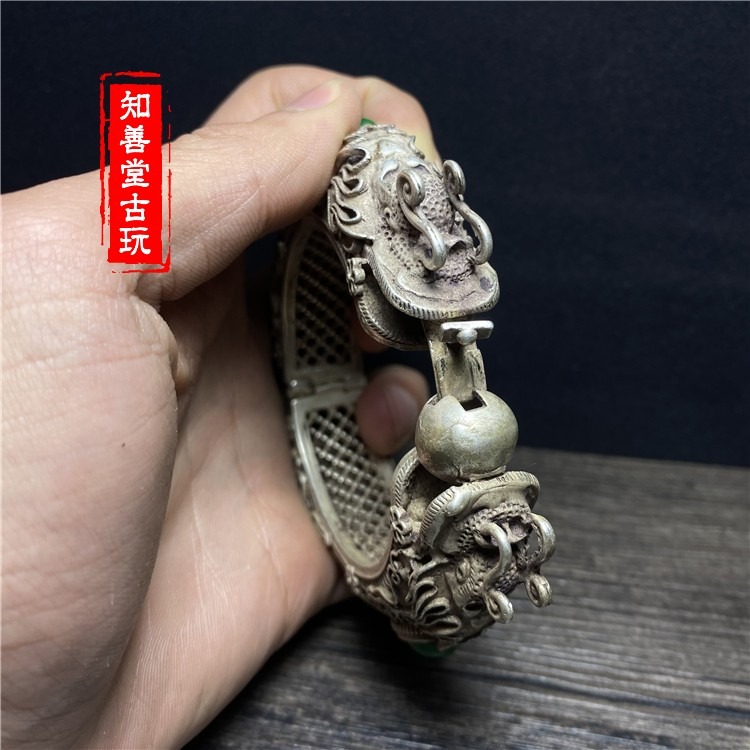 清代老銀飾鏤空銀鐲嵌老翠玉民俗瑤寨古董開口手環龍珠銀飾品-細節圖4