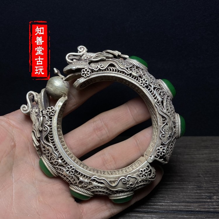清代老銀飾鏤空銀鐲嵌老翠玉民俗瑤寨古董開口手環龍珠銀飾品-細節圖6