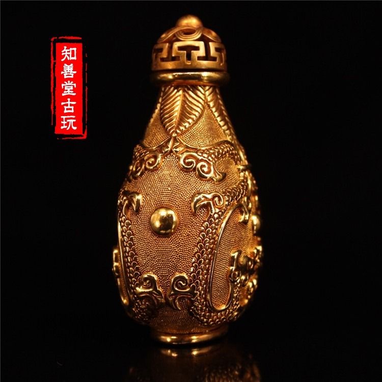 古董純銅鎏金宮廷御用祥雲紋雙龍戲珠鼻煙壺居家文玩招財把玩收藏-細節圖8