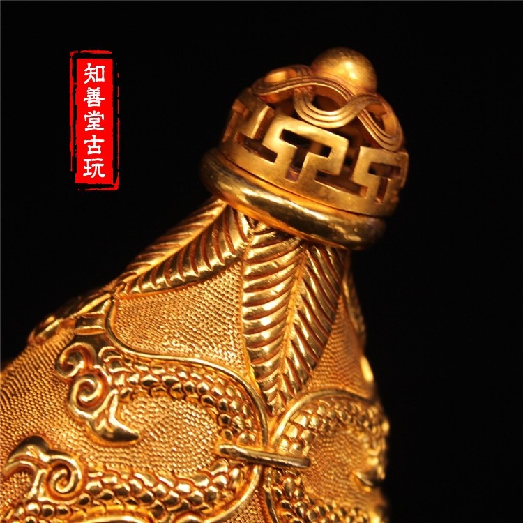 古董純銅鎏金宮廷御用祥雲紋雙龍戲珠鼻煙壺居家文玩招財把玩收藏-細節圖10
