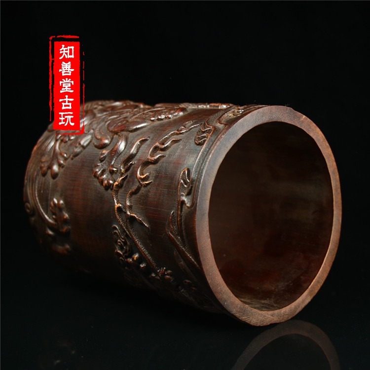 古玩雜項收藏民俗老工藝竹雕降龍羅漢筆筒擺件文房用品老物件舊貨-細節圖4