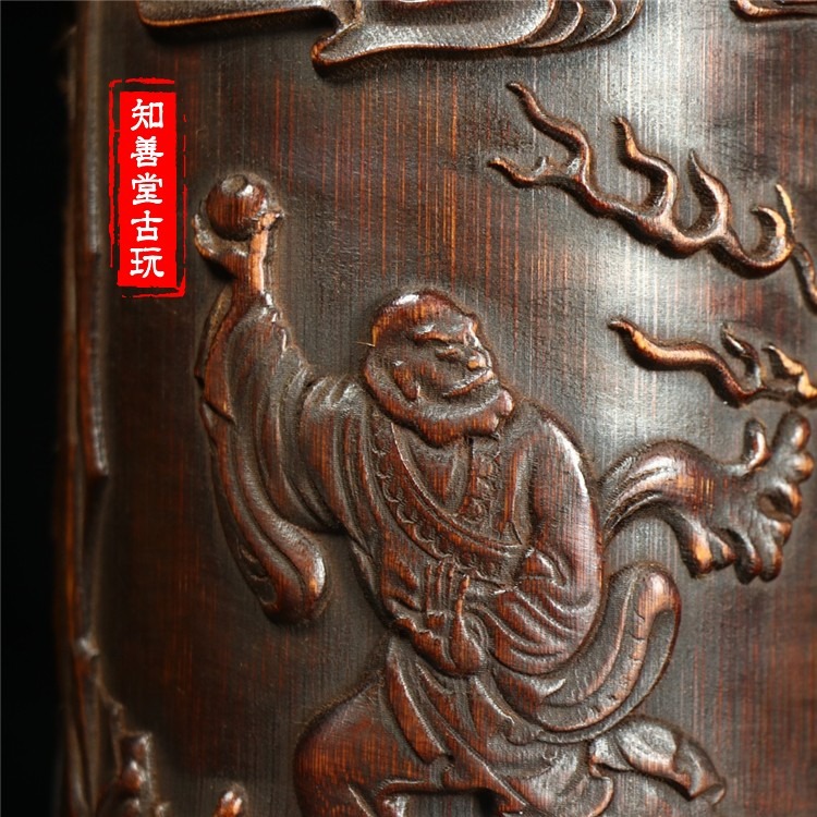 古玩雜項收藏民俗老工藝竹雕降龍羅漢筆筒擺件文房用品老物件舊貨-細節圖10