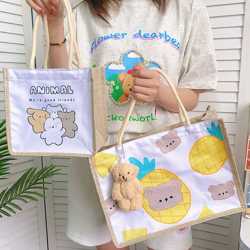 帆布包女夏文藝學生大容量手提麻布包環保購物袋亞麻手提飯盒袋子-細節圖2