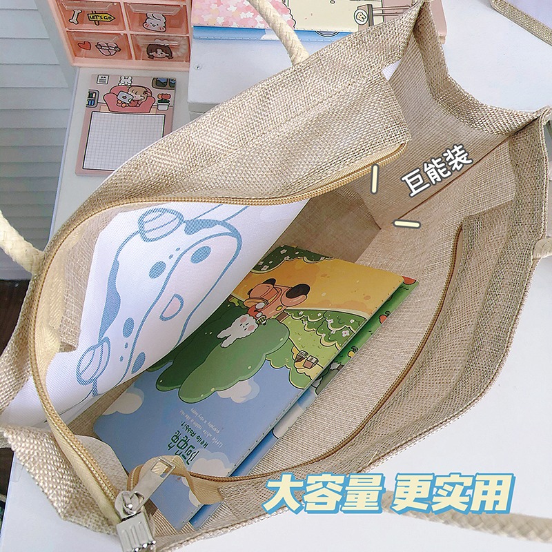 帆布包女夏文藝學生大容量手提麻布包環保購物袋亞麻手提飯盒袋子-細節圖4