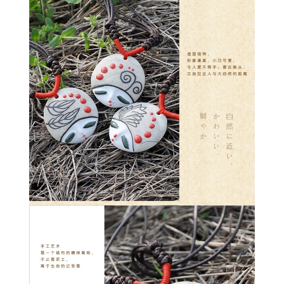 原創陶瓷手工首飾品中國風復古民族風可愛娃娃頭美人臉項鏈吊墜女-細節圖4