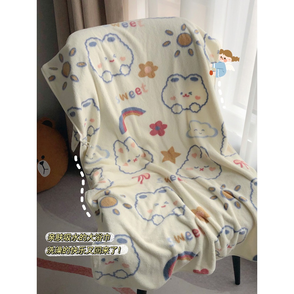 可愛印花浴巾家用吸水速幹珊瑚絨柔軟不掉毛浴袍可穿可裹洗澡毛巾-細節圖5