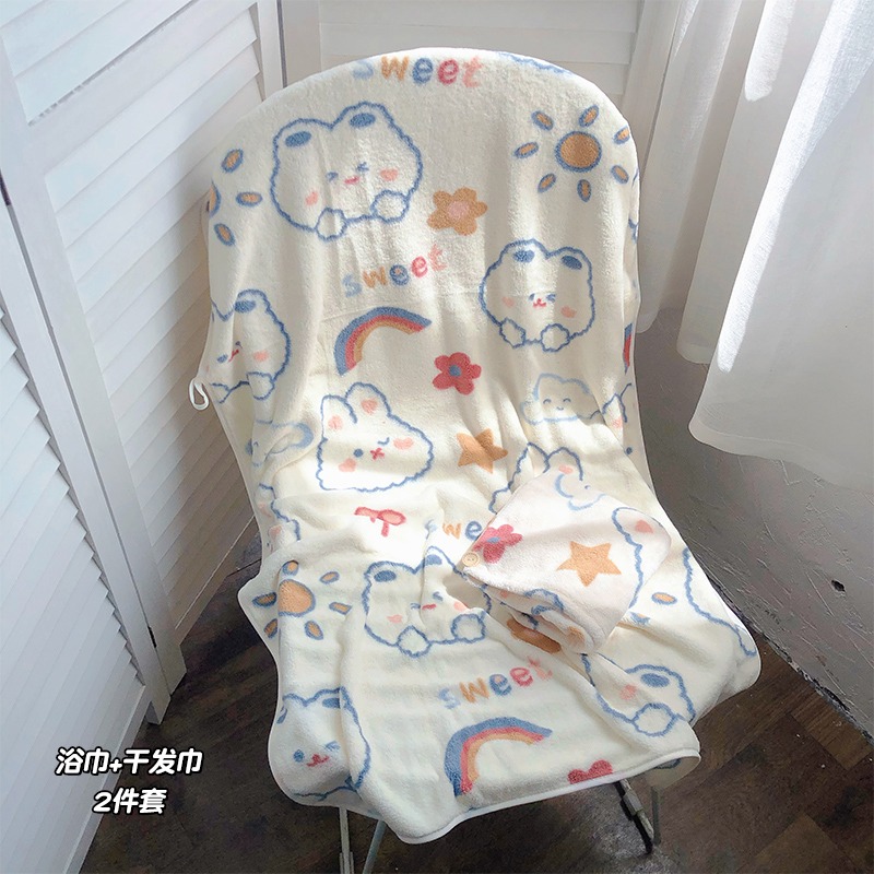 可愛印花浴巾家用吸水速幹珊瑚絨柔軟不掉毛浴袍可穿可裹洗澡毛巾-細節圖8