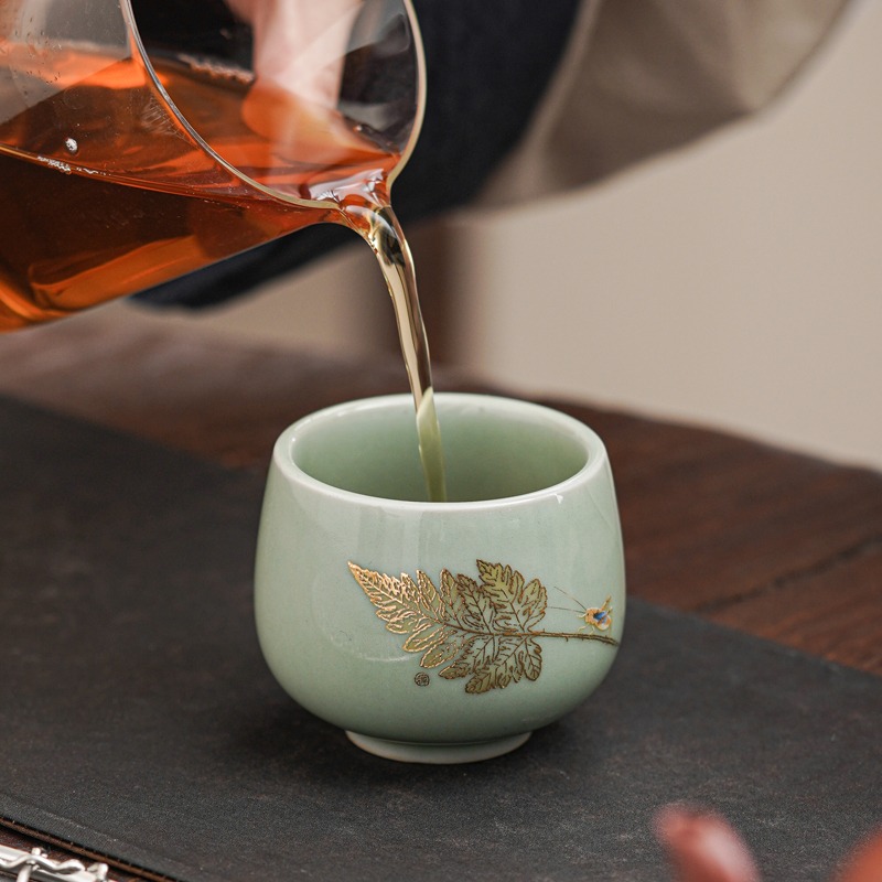 描金主人杯單杯功夫茶杯陶瓷一葉知秋品茗杯個人專用杯子禮盒定製-細節圖3