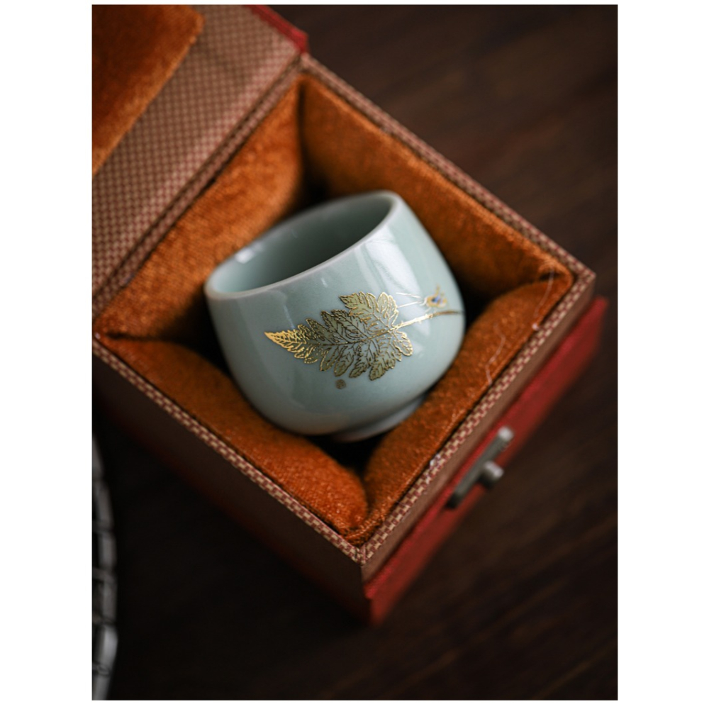 描金主人杯單杯功夫茶杯陶瓷一葉知秋品茗杯個人專用杯子禮盒定製-細節圖8