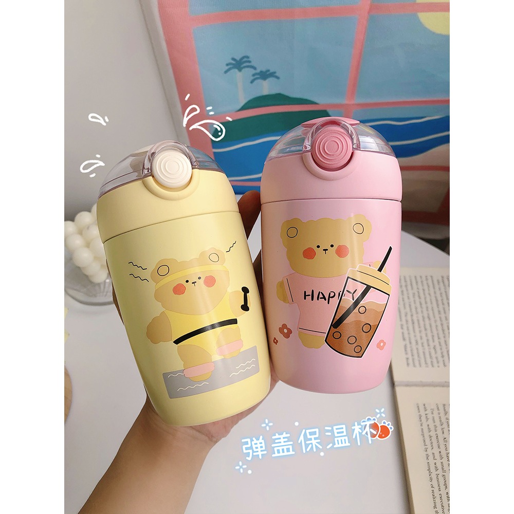 可愛吸管保溫杯兒童學生高顏值便攜彈蓋304不銹鋼水杯少女心杯子-細節圖2