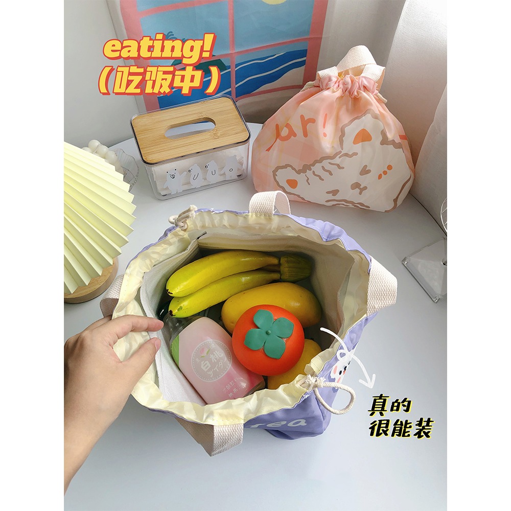 日系束口保溫包帆布袋子學生上班族便當包飯盒袋大容量抽繩收納袋-細節圖3