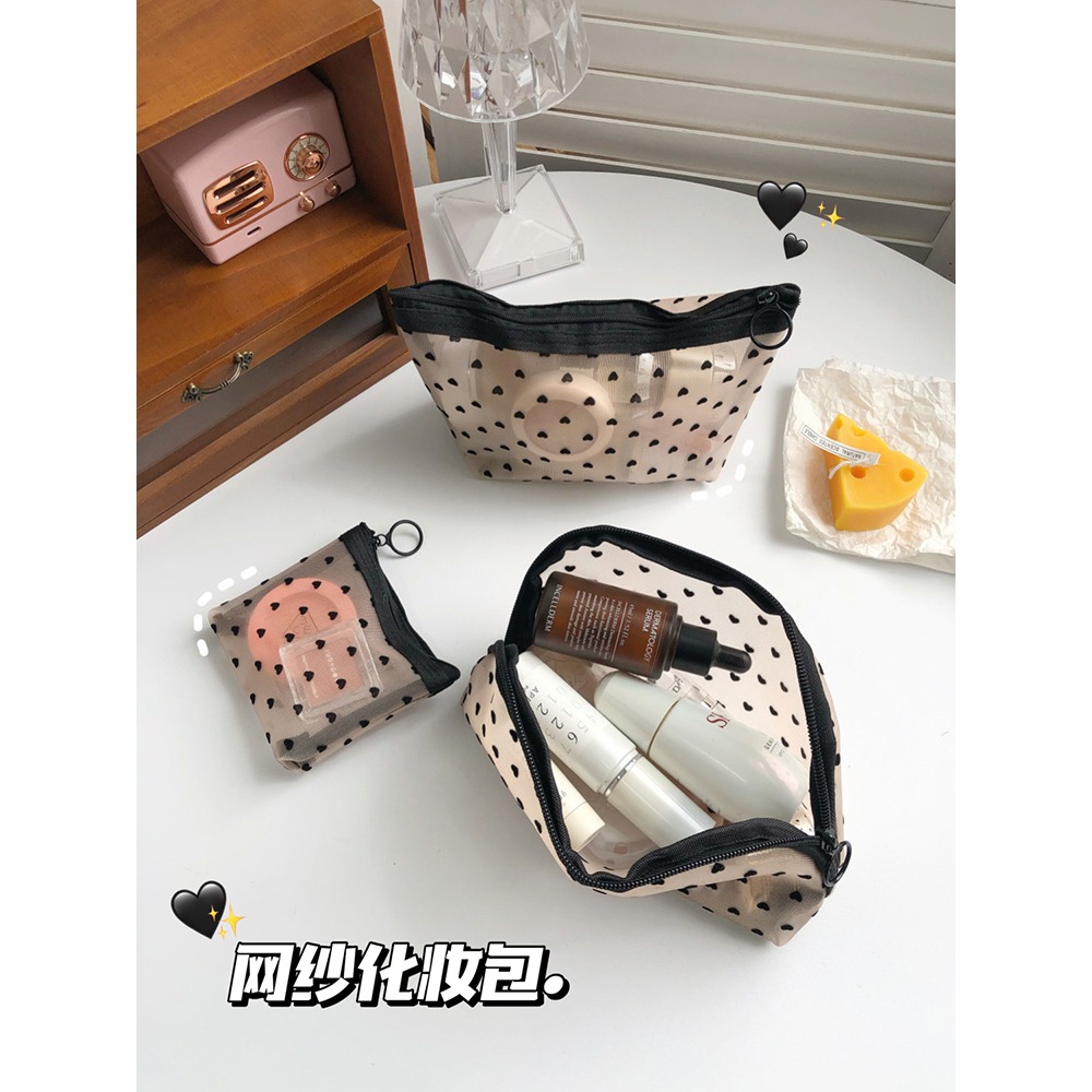 ins網紗愛心化妝包大容量收納包少女心口紅鑰匙化妝品收納袋便攜-細節圖2