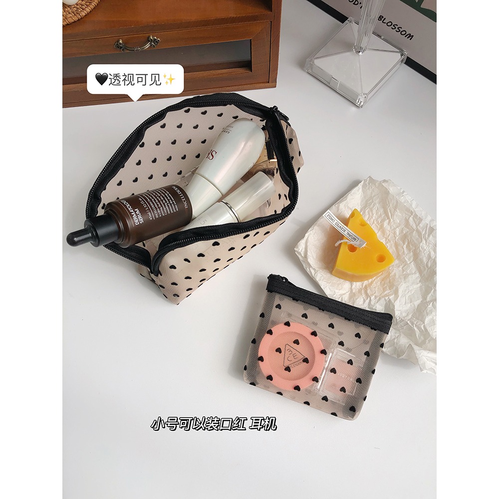 ins網紗愛心化妝包大容量收納包少女心口紅鑰匙化妝品收納袋便攜-細節圖5