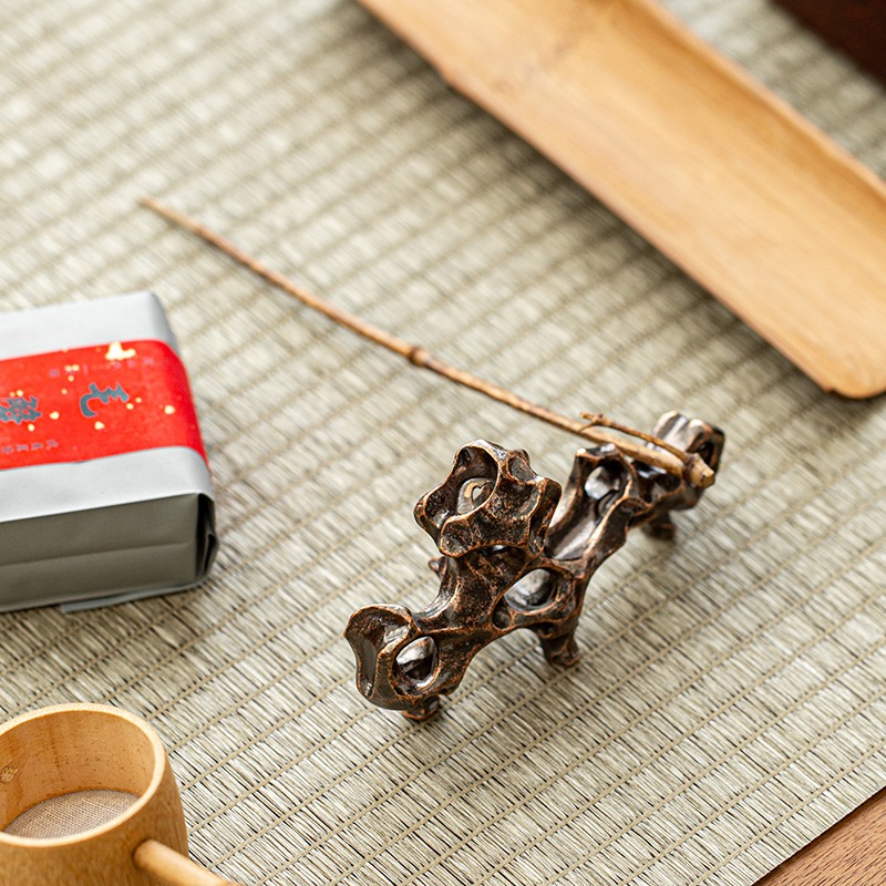 萬寒仿古珊瑚茶夾架筆架茶寵擺件擱物蓋置鎮紙置物架金屬茶具配件-細節圖4