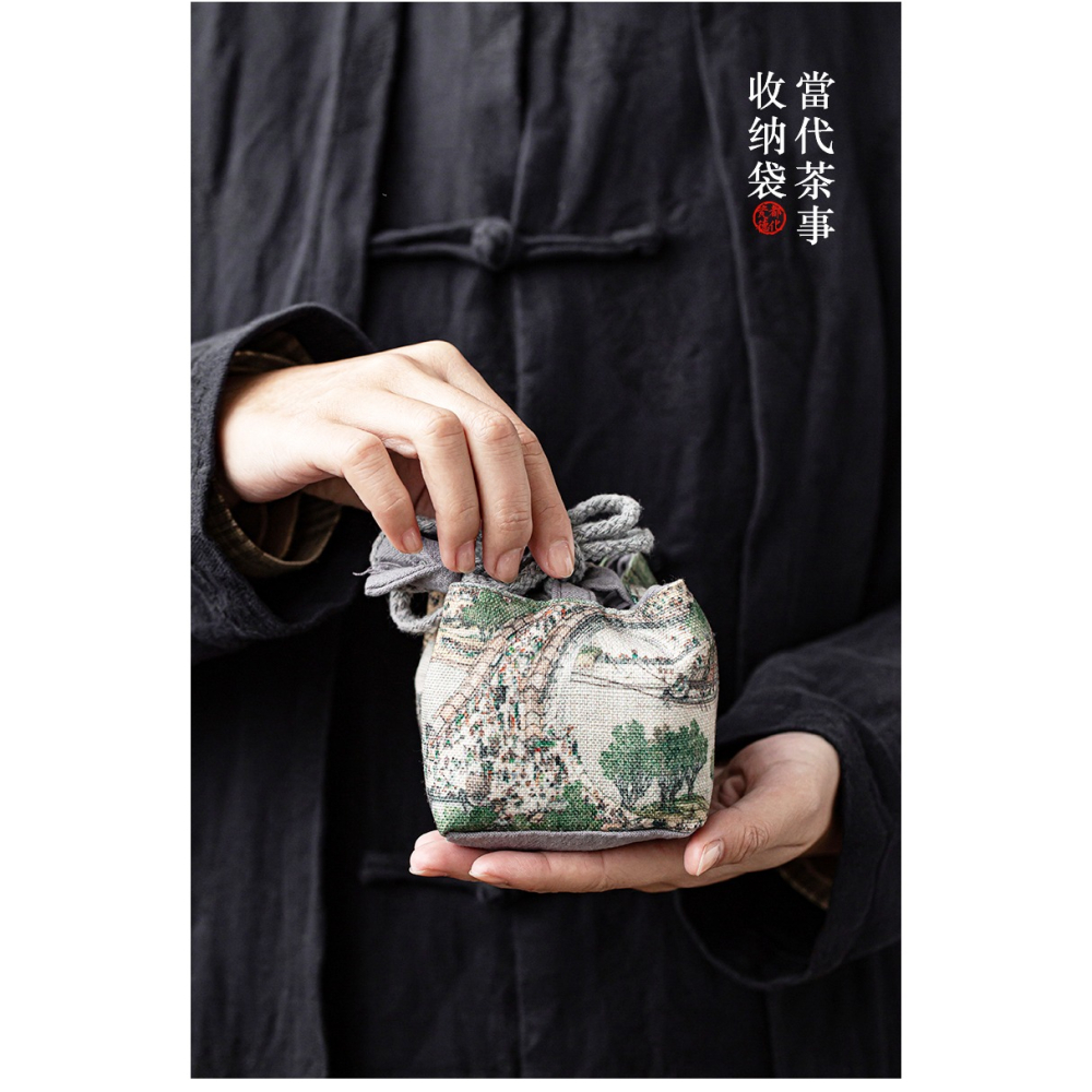 萬寒棉麻茶杯收納袋布藝茶藝加厚收納包茶具杯子小號中式復古刺繡-細節圖7