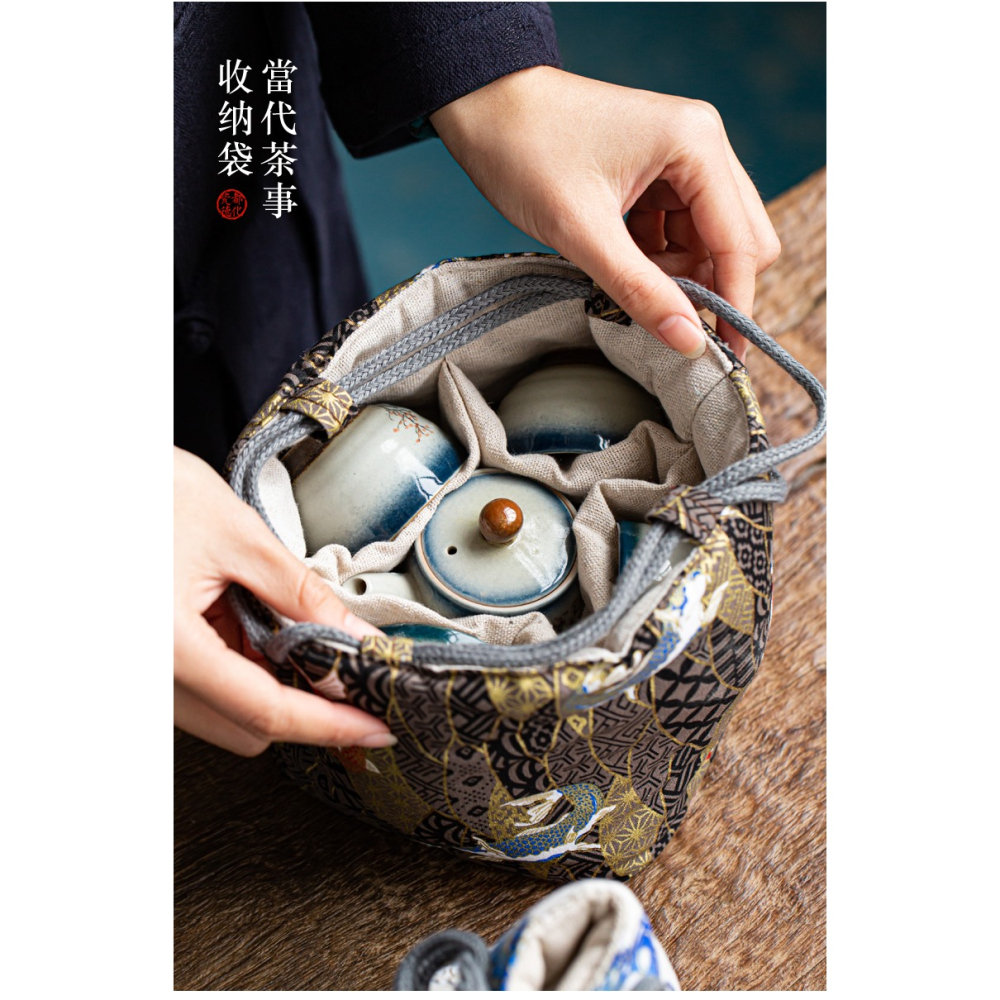 雲錦棉麻收納布袋旅行茶具便攜包戶外一壺四杯茶壺包彩繪加厚布袋-細節圖7