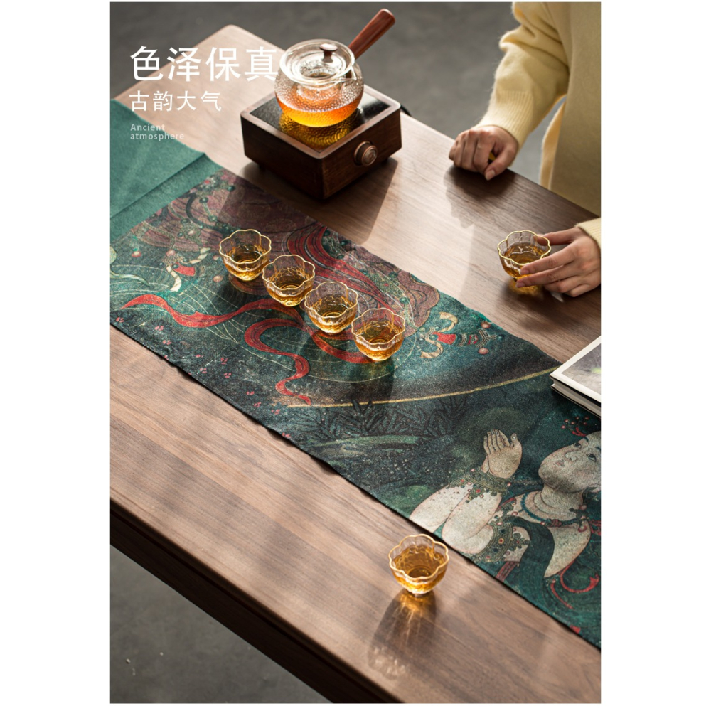 法海寺壁畫茶席麻布禪意布藝復古中國風粗布高端防水桌旗棉麻桌布-細節圖8