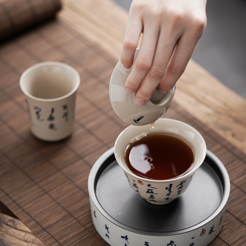 草木灰釉三才蓋碗手繪詩文景德鎮單個不燙手日式復古陶瓷高端茶碗-細節圖3