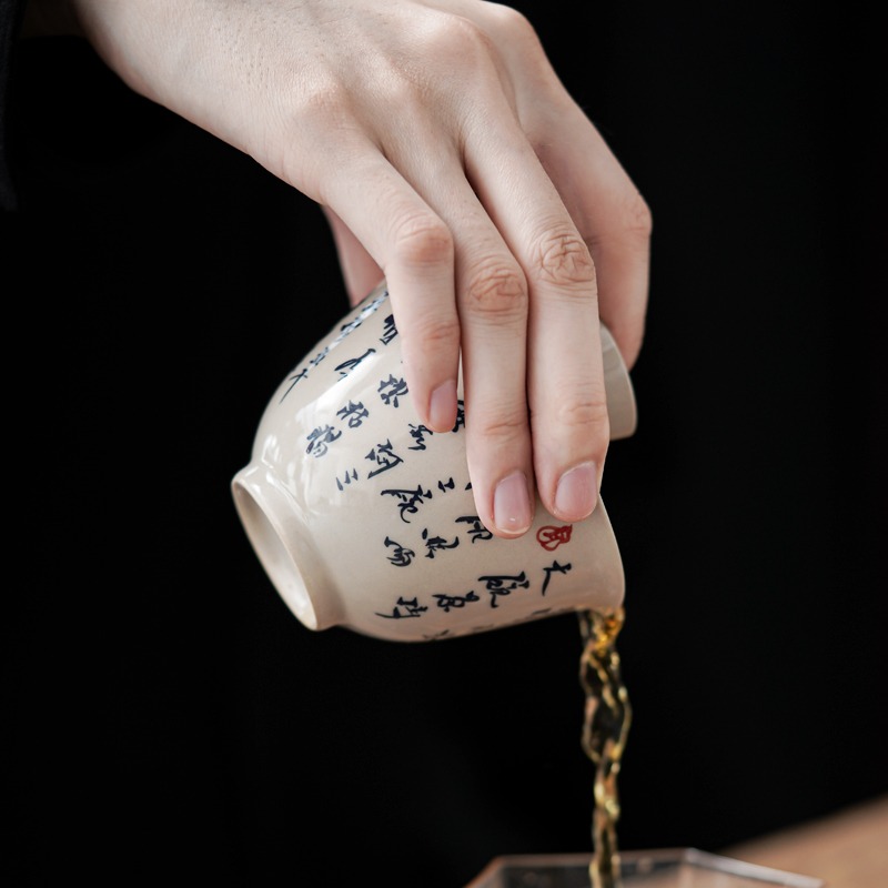 草木灰釉三才蓋碗手繪詩文景德鎮單個不燙手日式復古陶瓷高端茶碗-細節圖4