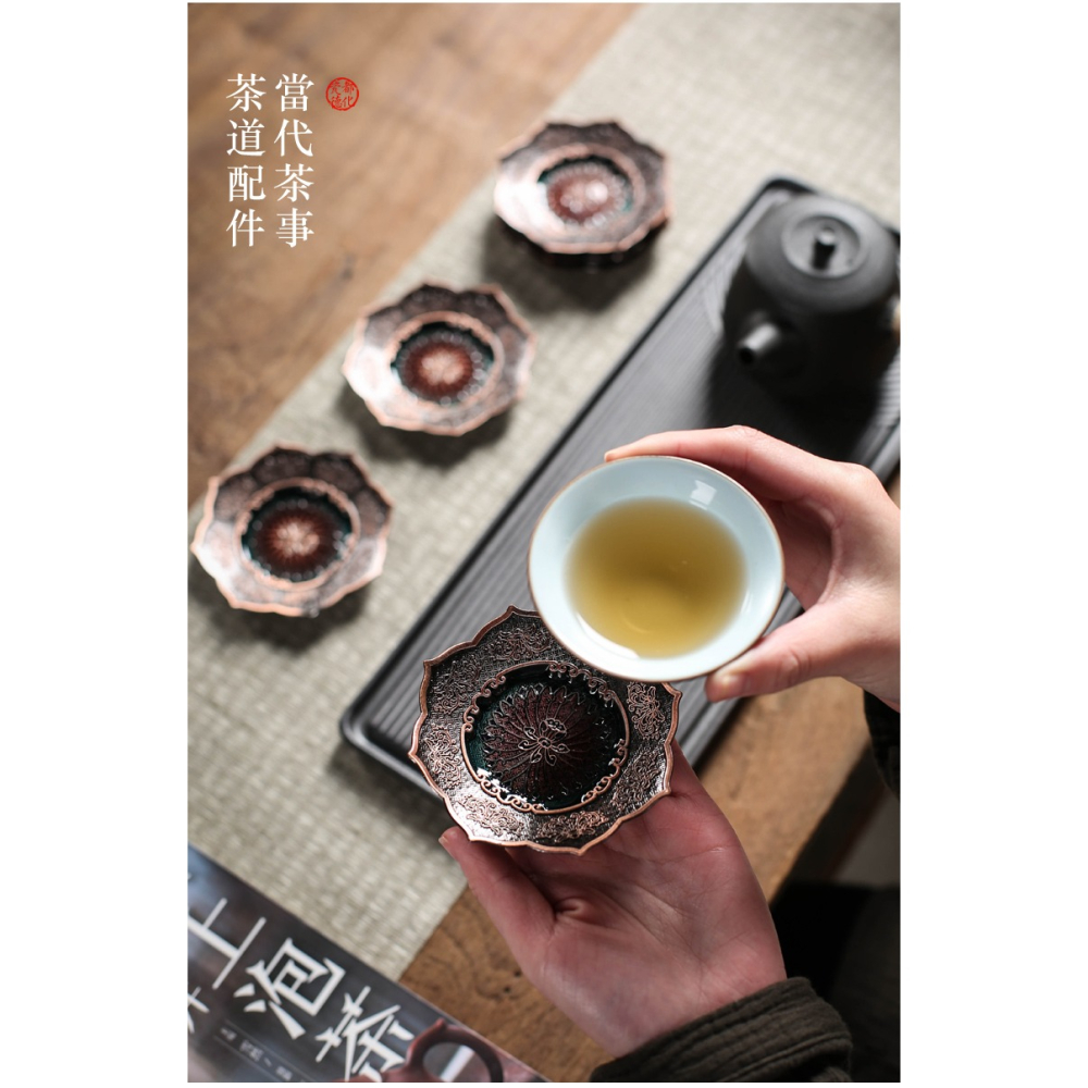 景泰藍復古茶杯墊隔熱防滑墊琺瑯彩合金功夫茶杯墊禪意茶道零配件-細節圖7
