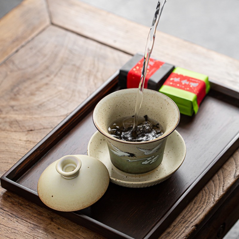 仿古蓋碗茶杯功夫茶手抓仙鶴蓋碗復古陶瓷泡茶碗單個大號茶碗帶蓋-細節圖3