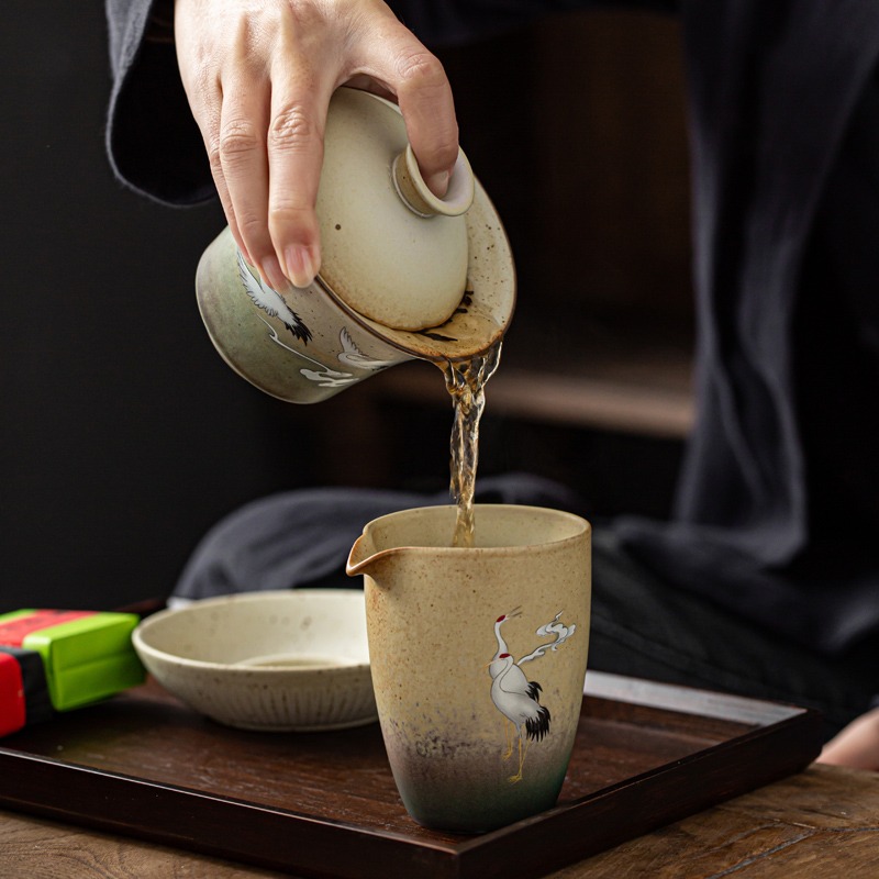 仿古蓋碗茶杯功夫茶手抓仙鶴蓋碗復古陶瓷泡茶碗單個大號茶碗帶蓋-細節圖4