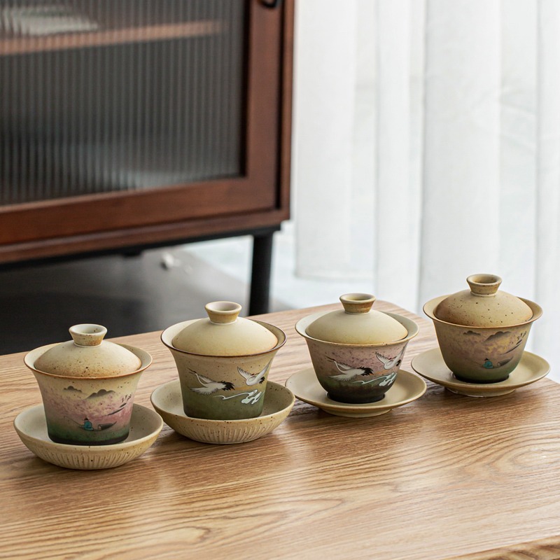 仿古蓋碗茶杯功夫茶手抓仙鶴蓋碗復古陶瓷泡茶碗單個大號茶碗帶蓋-細節圖5
