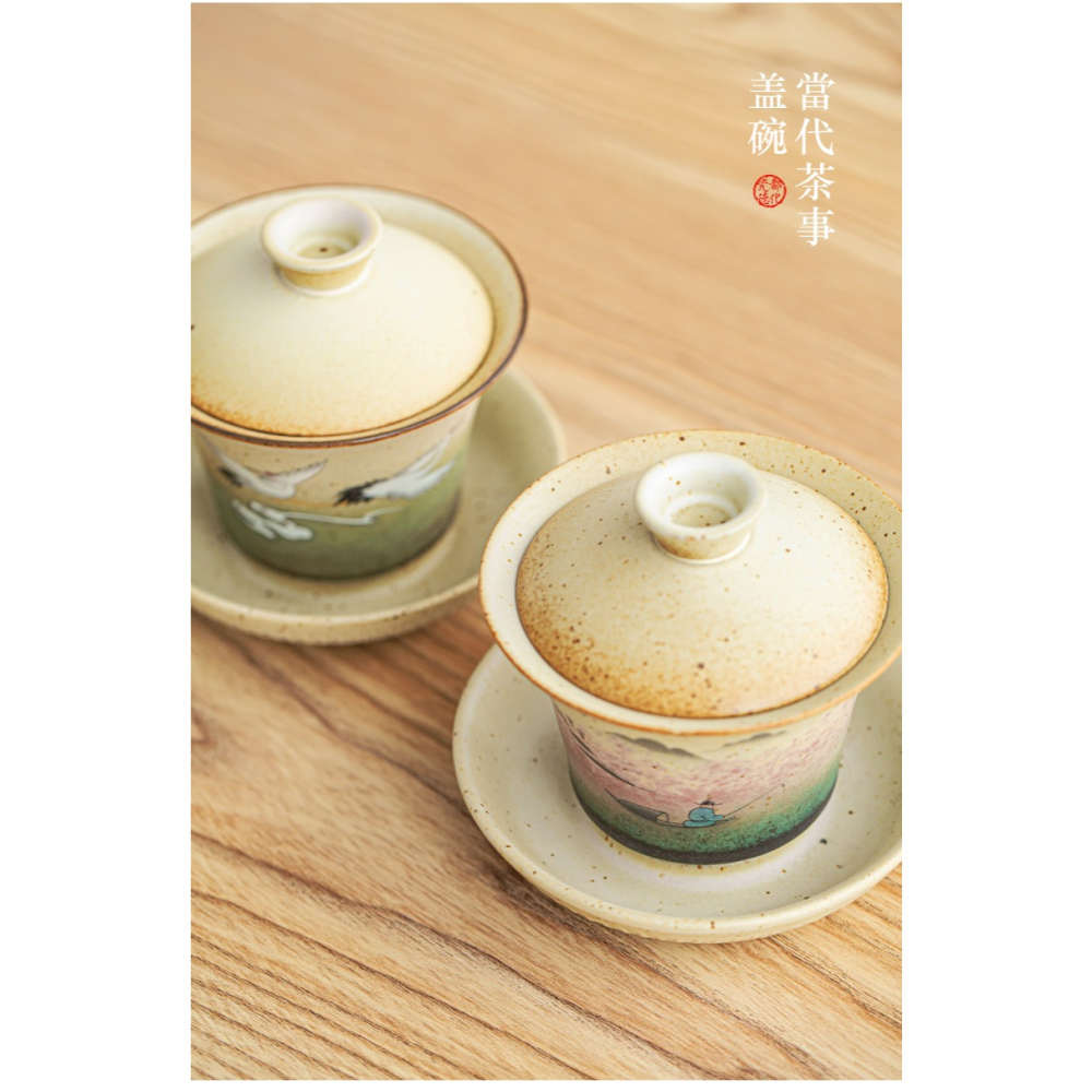 仿古蓋碗茶杯功夫茶手抓仙鶴蓋碗復古陶瓷泡茶碗單個大號茶碗帶蓋-細節圖7