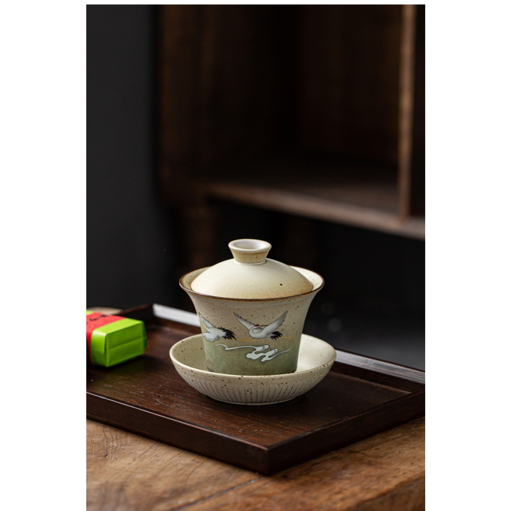 仿古蓋碗茶杯功夫茶手抓仙鶴蓋碗復古陶瓷泡茶碗單個大號茶碗帶蓋-細節圖10