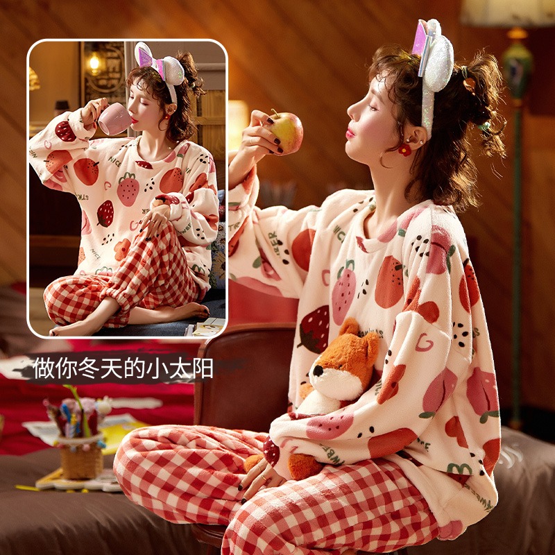 珊瑚絨睡衣女年新款冬季加厚加絨法蘭絨保暖家居服套裝秋冬款-細節圖3