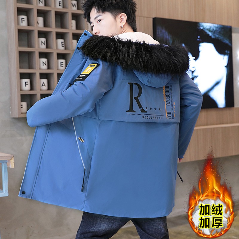 外套男士加絨加厚學生棉服修身中長款棉襖男帥氣百搭2021冬季棉衣-細節圖2