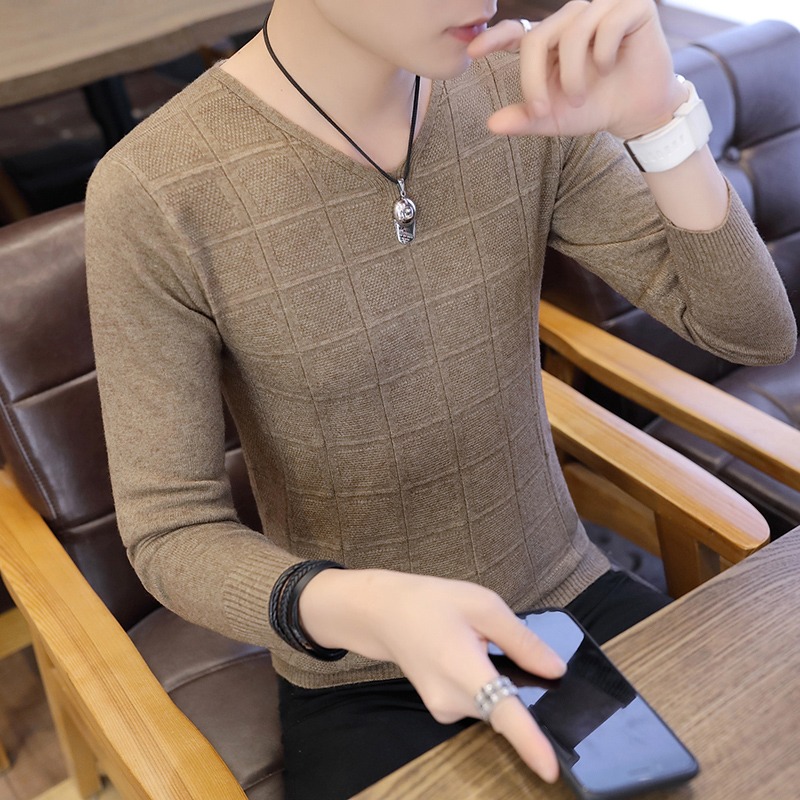V領秋裝低領男士毛衣薄韓版衣服修身線衣男裝針織衫秋季打底衫男-細節圖3