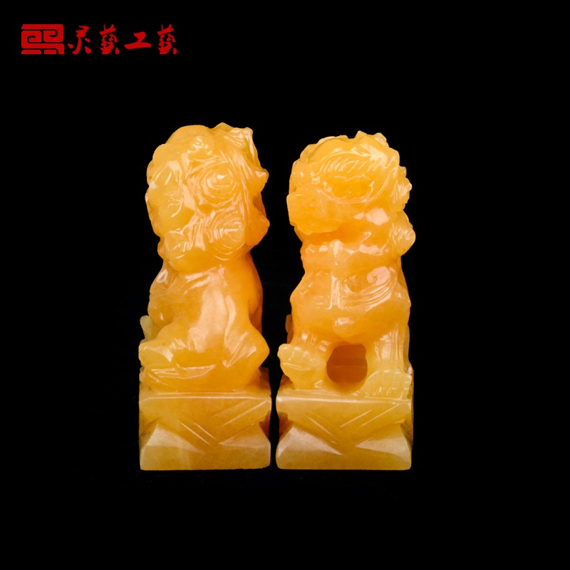 黃玉墓地獅子一對守靈獅骨灰盒用品擺件供奉祭祀下葬陪葬隨葬用品-細節圖2