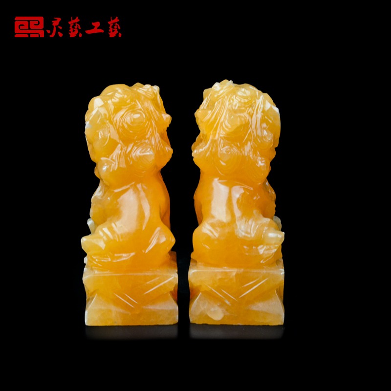 黃玉墓地獅子一對守靈獅骨灰盒用品擺件供奉祭祀下葬陪葬隨葬用品-細節圖3