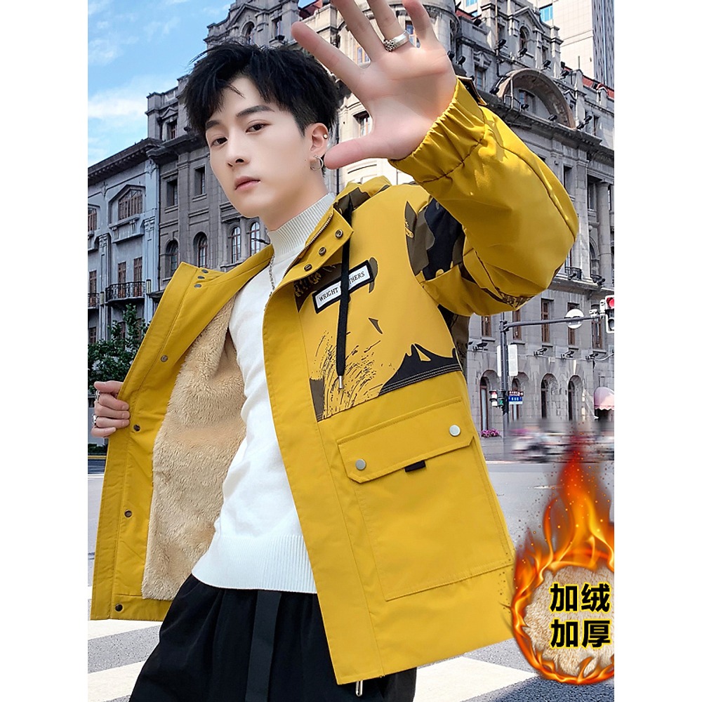 加絨夾克男士秋冬季2021新款上衣服潮流帥氣棉衣休閑寬松加厚外套-細節圖5
