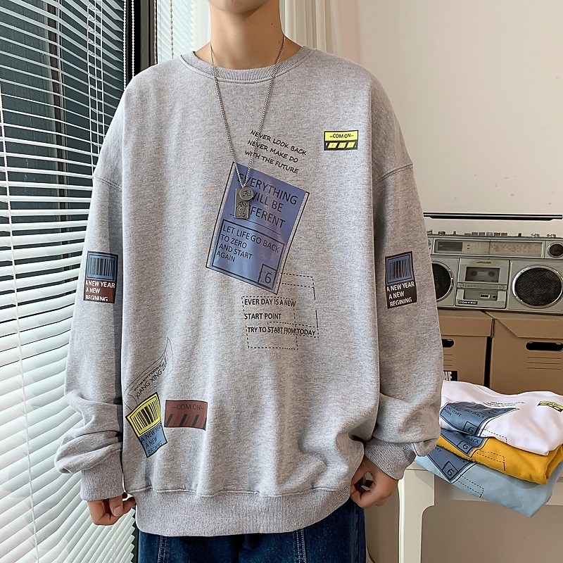 圓領衛衣男潮ins港風潮牌春秋季外套韓版潮流長袖t恤寬松上衣服C-細節圖4