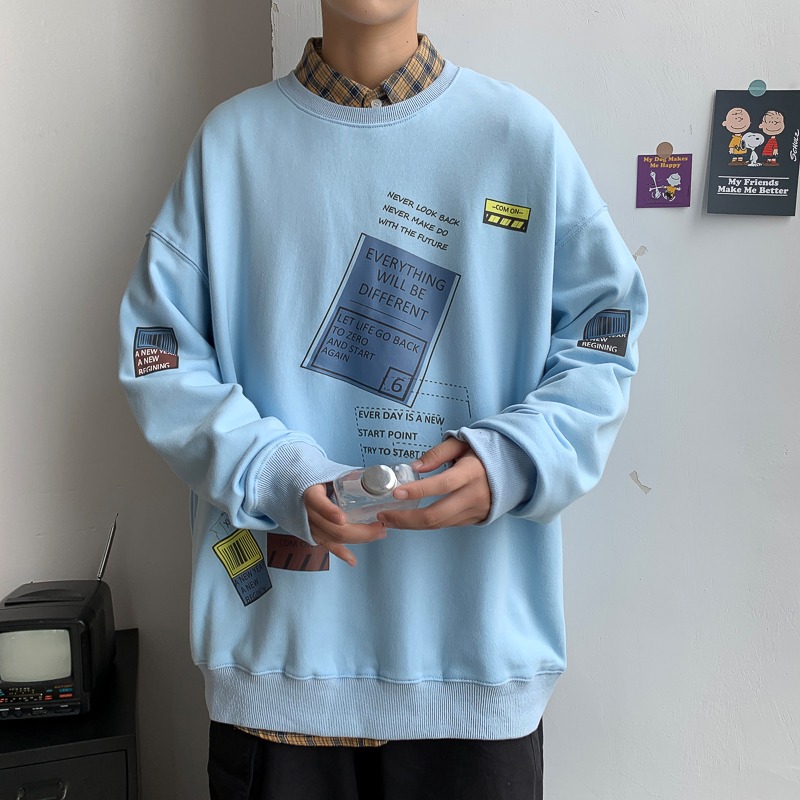 圓領衛衣男潮ins港風潮牌春秋季外套韓版潮流長袖t恤寬松上衣服C-細節圖5