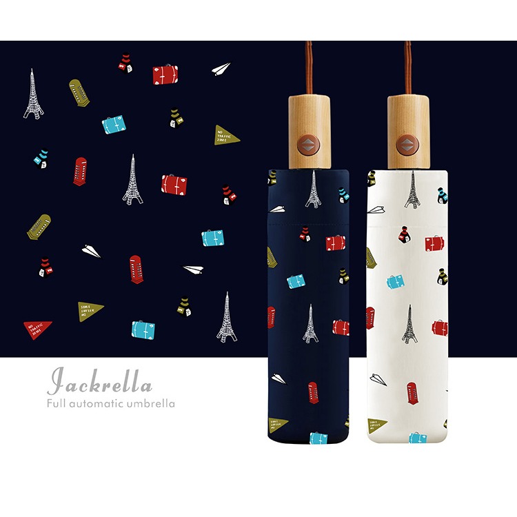 JACKRELLA全自動復古木柄黑膠三折晴雨傘兩用遮陽折疊小清新鐵塔-細節圖2