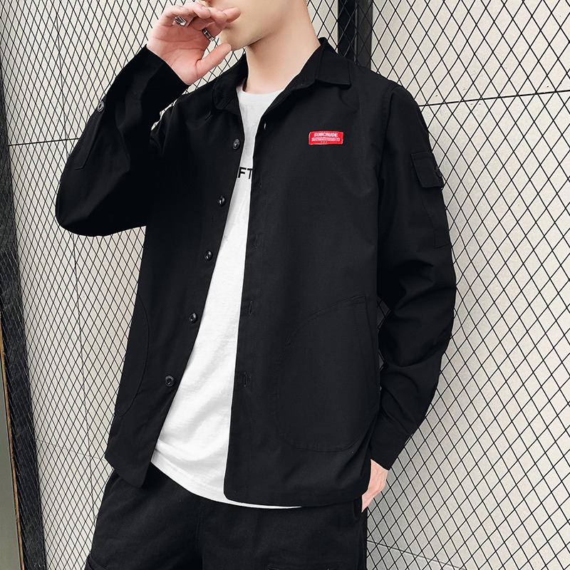 長袖襯衫男士春秋季襯衣外套韓版潮流港風休閑寬松工裝上衣服帥氣-細節圖3